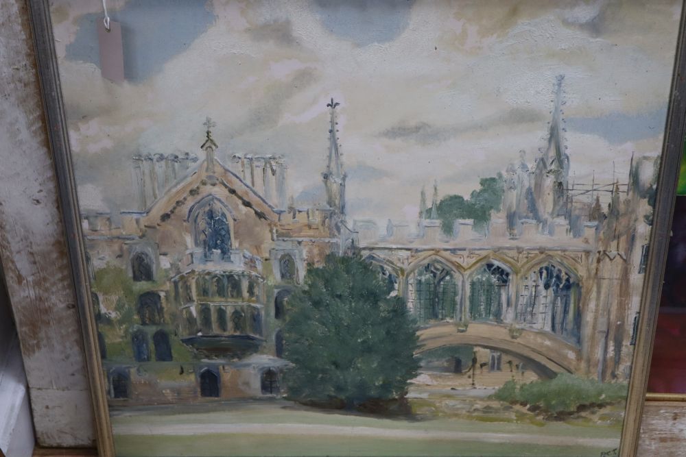 Peter C. Tonkin, oil on board, Cambridge College, initialled, 65 x 70cm